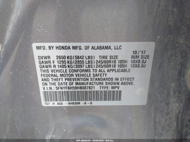 2017 Honda Pilot Ex-l მანქანა იყიდება აუქციონზე, vin: 5FNYF6H59HB087821, აუქციონის ნომერი: 45049189