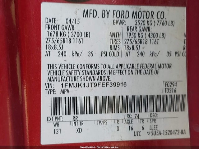 Продаж на аукціоні авто 2015 Ford Expedition El Xlt, vin: 1FMJK1JT9FEF39916, номер лоту: 45049190
