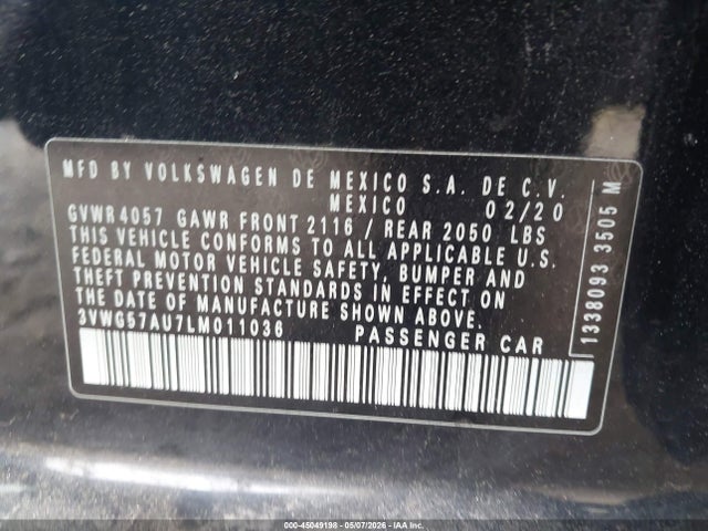 Aukcja sprzedaży 2020 Volkswagen Golf 1.4t Tsi, vin: 3VWG57AU7LM011036, numer aukcji: 45049198
