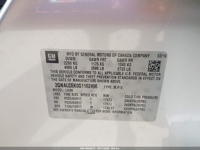 Продаж на аукціоні авто 2016 Chevrolet Equinox Lt, vin: 2GNALCEK0G1162496, номер лоту: 45049212