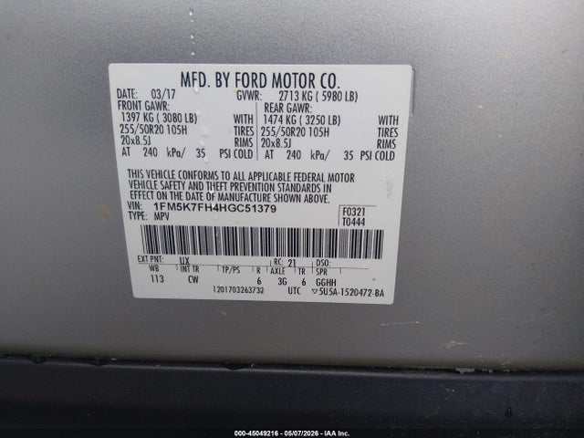 Продаж на аукціоні авто 2017 Ford Explorer Limited, vin: 1FM5K7FH4HGC51379, номер лоту: 45049216