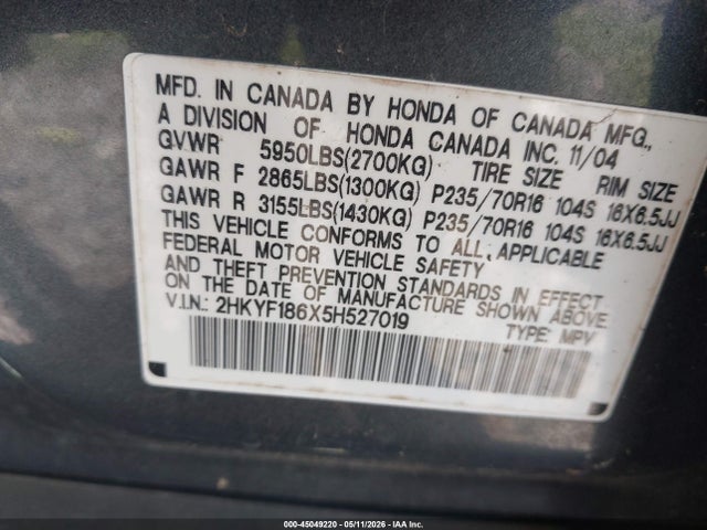 Продаж на аукціоні авто 2005 Honda Pilot Ex-l, vin: 2HKYF186X5H527019, номер лоту: 45049220