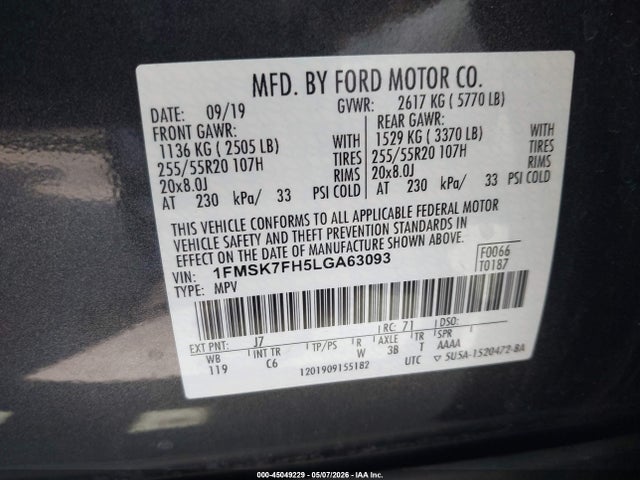 45049229 :رقم المزاد ، 1FMSK7FH5LGA63093 vin ، 2020 Ford Explorer Limited مزاد بيع