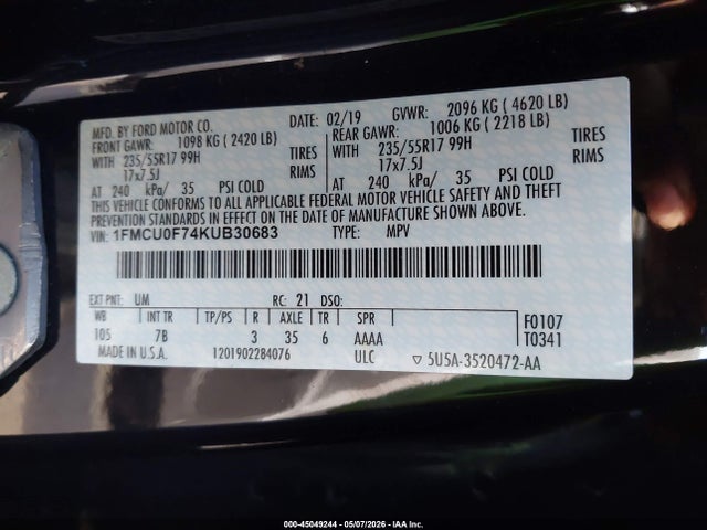 Продаж на аукціоні авто 2019 Ford Escape S, vin: 1FMCU0F74KUB30683, номер лоту: 45049244