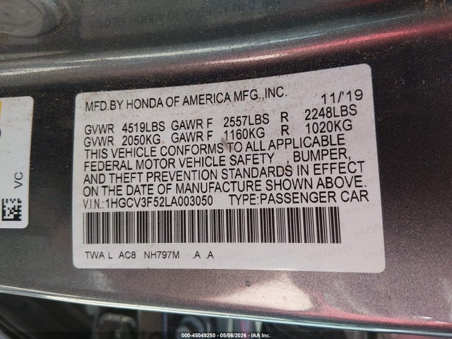 45049250 :رقم المزاد ، 1HGCV3F52LA003050 vin ، 2020 Honda Accord Hybrid Ex-l مزاد بيع