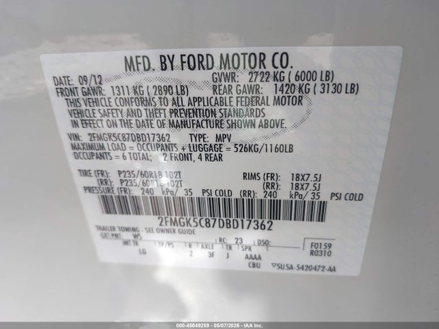 Продаж на аукціоні авто 2013 Ford Flex Sel, vin: 2FMGK5C87DBD17362, номер лоту: 45049259