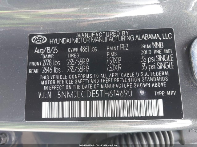 Aukcja sprzedaży 2026 Hyundai Tucson Limited, vin: 5NMJECDE5TH614690, numer aukcji: 45049262