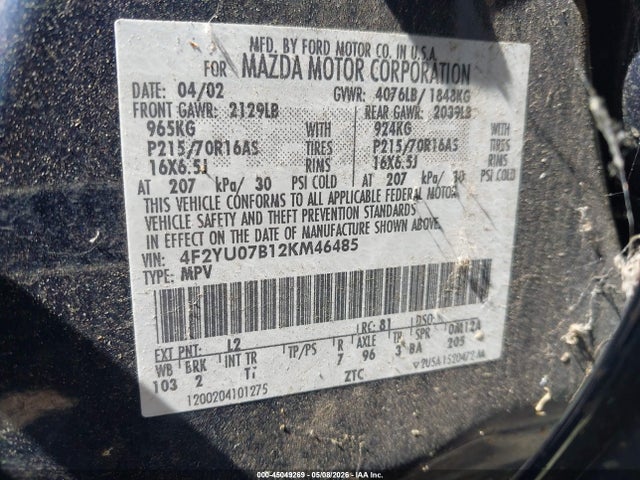 Продажа на аукционе авто 2002 Mazda Tribute Dx, vin: 4F2YU07B12KM46485, номер лота: 45049269