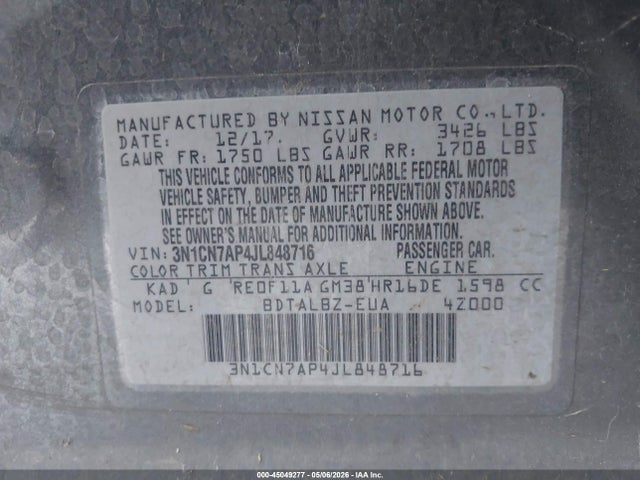 3N1CN7AP4JL848716 Nissan Versa 1.6 Sv