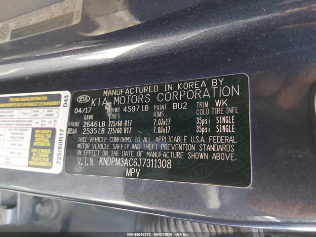 45049278 :رقم المزاد ، KNDPM3AC6J7311308 vin ، 2018 Kia Sportage Lx مزاد بيع
