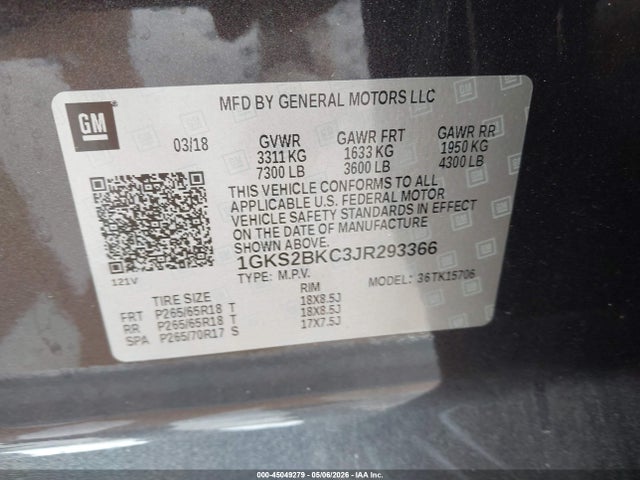 45049279 :رقم المزاد ، 1GKS2BKC3JR293366 vin ، 2018 Gmc Yukon Slt مزاد بيع