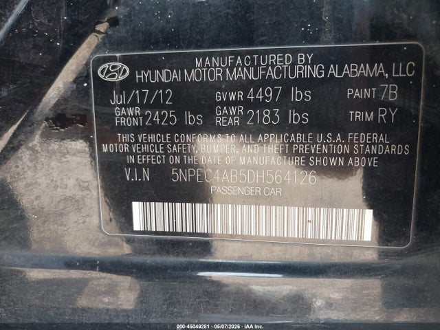 Продажа на аукционе авто 2013 Hyundai Sonata Limited 2.0t, vin: 5NPEC4AB5DH564126, номер лота: 45049281