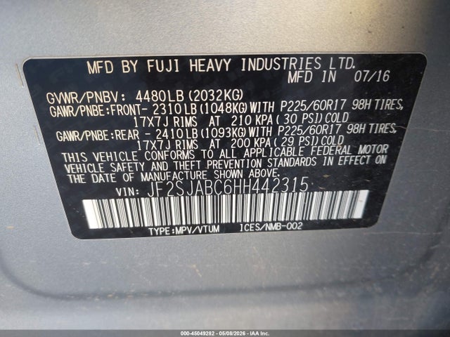 45049282 :رقم المزاد ، JF2SJABC6HH442315 vin ، 2017 Subaru Forester 2.5i مزاد بيع