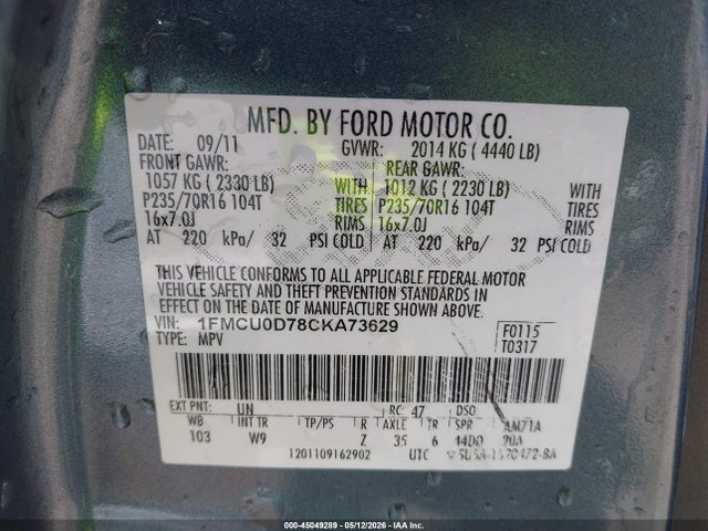 Продажа на аукционе авто 2012 Ford Escape Xlt, vin: 1FMCU0D78CKA73629, номер лота: 45049289