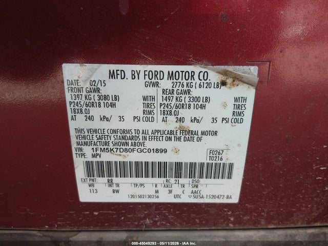 45049293 :رقم المزاد ، 1FM5K7D80FGC01899 vin ، 2015 Ford Explorer Xlt مزاد بيع