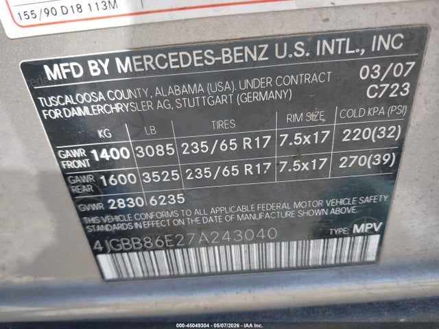 Продажа на аукционе авто 2007 Mercedes-benz Ml 350 4matic, vin: 4JGBB86E27A243040, номер лота: 45049304