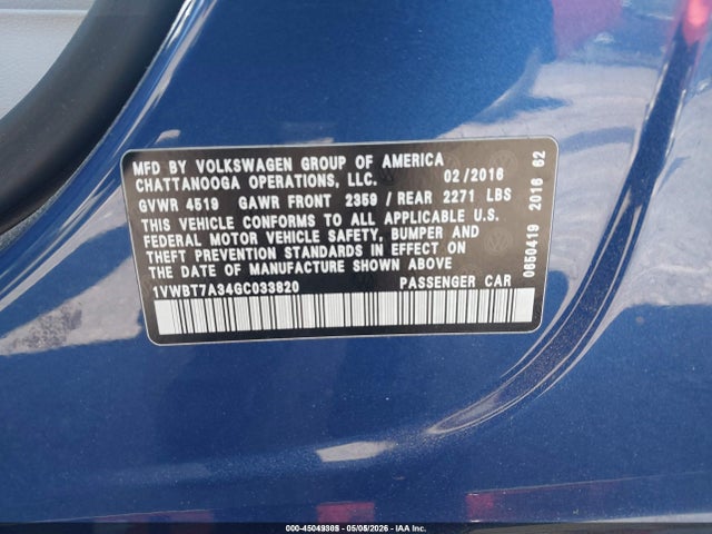 45049305 :رقم المزاد ، 1VWBT7A34GC033820 vin ، 2016 Volkswagen Passat 1.8t Se مزاد بيع