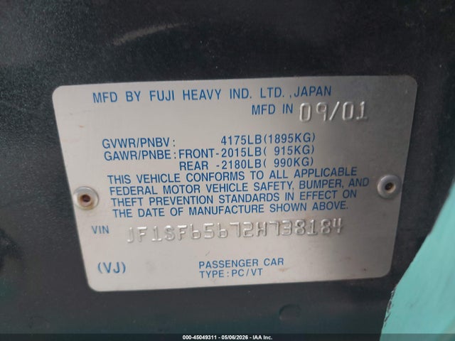 45049311 :رقم المزاد ، JF1SF65672H738184 vin ، 2002 Subaru Forester S مزاد بيع