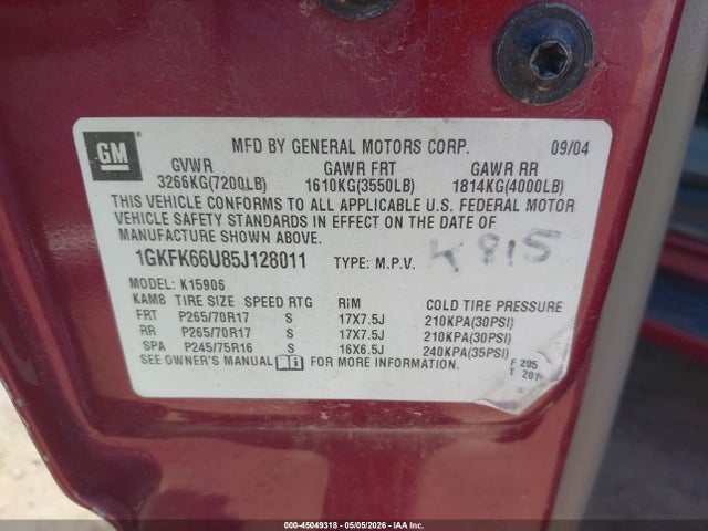 45049318 :رقم المزاد ، 1GKFK66U85J128011 vin ، 2005 Gmc Yukon Xl 1500 Denali مزاد بيع