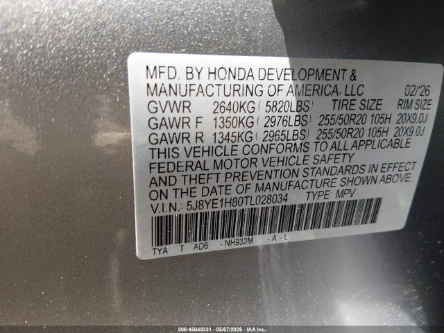 2026 Acura Mdx Advance Package მანქანა იყიდება აუქციონზე, vin: 5J8YE1H80TL028034, აუქციონის ნომერი: 45049331