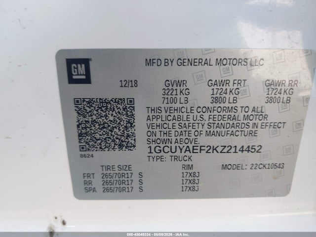 45049334 :رقم المزاد ، 1GCUYAEF2KZ214452 vin ، 2019 Chevrolet Silverado 1500 Work Truck مزاد بيع