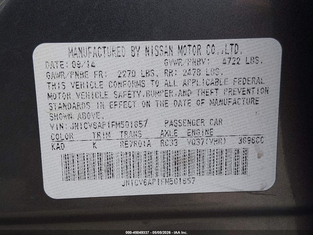 Aukcja sprzedaży 2015 Infiniti Q40, vin: JN1CV6AP1FM501657, numer aukcji: 45049337