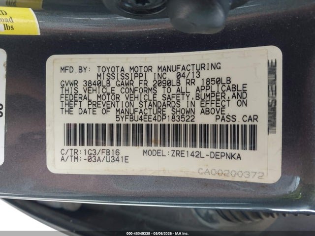 2013 Toyota Corolla Le მანქანა იყიდება აუქციონზე, vin: 5YFBU4EE4DP183522, აუქციონის ნომერი: 45049338