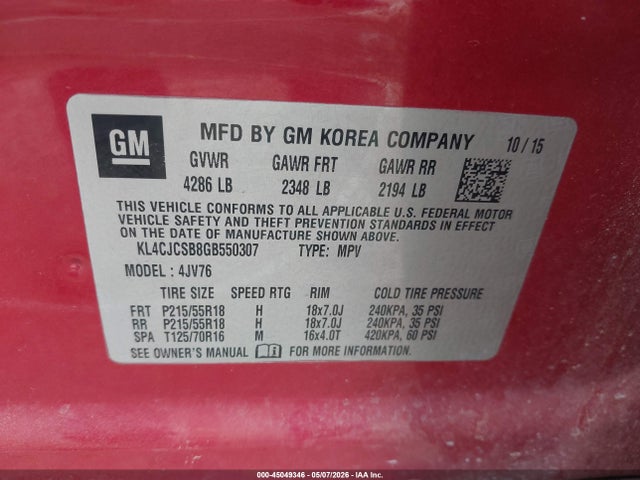 Продажа на аукционе авто 2016 Buick Encore Leather, vin: KL4CJCSB8GB550307, номер лота: 45049346