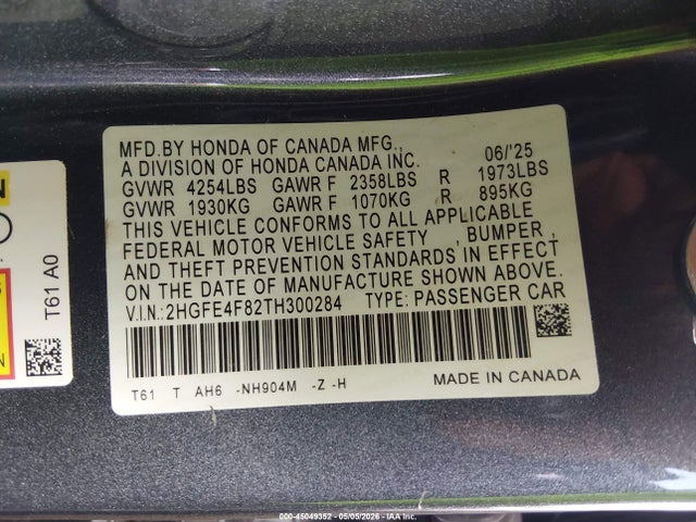 Продажа на аукционе авто 2026 Honda Civic Hybrid Sport/sport Touring, vin: 2HGFE4F82TH300284, номер лота: 45049352