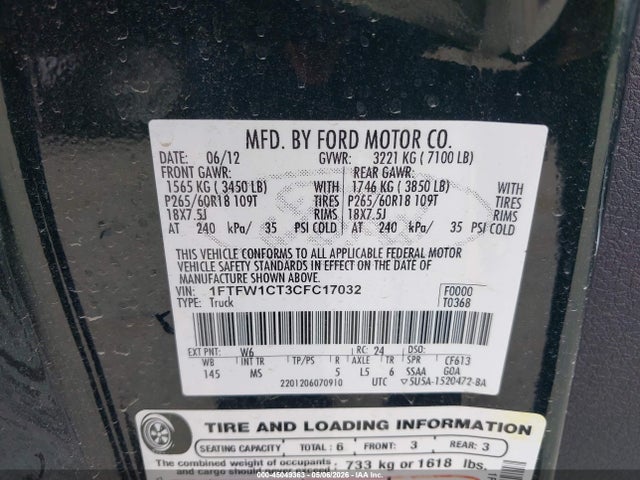 Продаж на аукціоні авто 2012 Ford F-150 Xlt, vin: 1FTFW1CT3CFC17032, номер лоту: 45049363