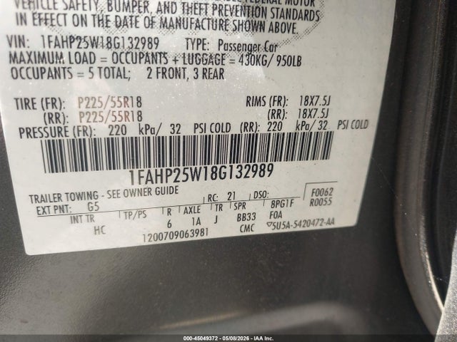 2008 Ford Taurus Limited მანქანა იყიდება აუქციონზე, vin: 1FAHP25W18G132989, აუქციონის ნომერი: 45049372