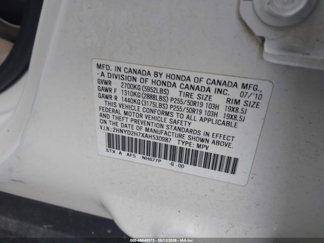 Aukcja sprzedaży 2010 Acura Mdx Advance Package, vin: 2HNYD2H7XAH530987, numer aukcji: 45049373