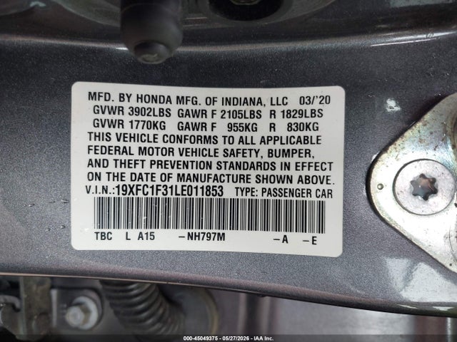 Продаж на аукціоні авто 2020 Honda Civic Ex, vin: 19XFC1F31LE011853, номер лоту: 45049375