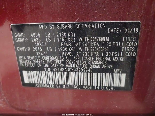 Продаж на аукціоні авто 2018 Subaru Outback 2.5i Limited, vin: 4S4BSANCXJ3292943, номер лоту: 45049394
