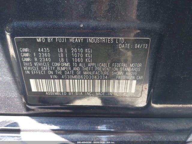 45049395 :رقم المزاد ، 4S3BMBB62D3043334 vin ، 2013 Subaru Legacy 2.5i Premium مزاد بيع