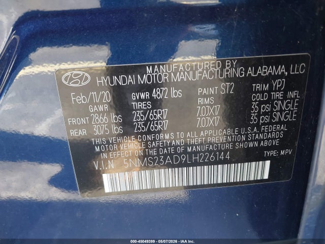 45049399 :رقم المزاد ، 5NMS23AD9LH226144 vin ، 2020 Hyundai Santa Fe Se مزاد بيع