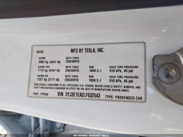 Продаж на аукціоні авто 2020 Tesla Model 3 Standard Range Plus Rear-wheel Drive/standard Range Rear-wheel Drive, vin: 5YJ3E1EA2LF632543, номер лоту: 45049404