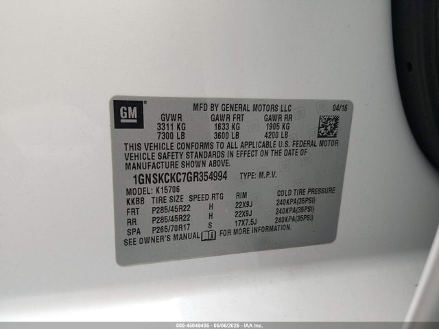 Aukcja sprzedaży 2016 Chevrolet Tahoe Ltz, vin: 1GNSKCKC7GR354994, numer aukcji: 45049405