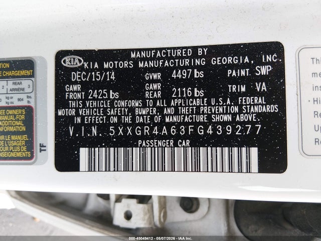45049412 :رقم المزاد ، 5XXGR4A63FG439277 vin ، 2015 Kia Optima Sxl Turbo مزاد بيع
