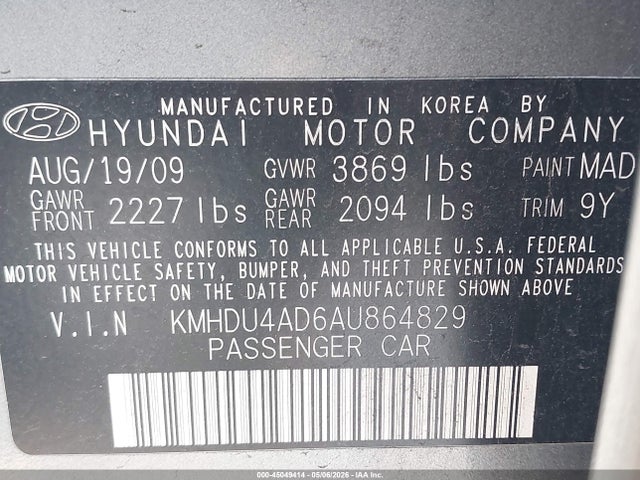 Продаж на аукціоні авто 2010 Hyundai Elantra Gls, vin: KMHDU4AD6AU864829, номер лоту: 45049414
