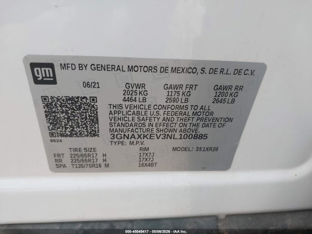 Продаж на аукціоні авто 2022 Chevrolet Equinox Fwd Lt, vin: 3GNAXKEV3NL100885, номер лоту: 45049417