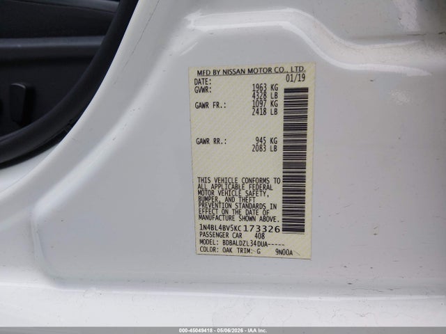 Продажа на аукционе авто 2019 Nissan Altima 2.5 S, vin: 1N4BL4BV5KC173326, номер лота: 45049418