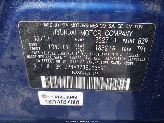 45049427 :رقم المزاد ، 3KPC24A37JE013893 vin ، 2018 Hyundai Accent Se مزاد بيع