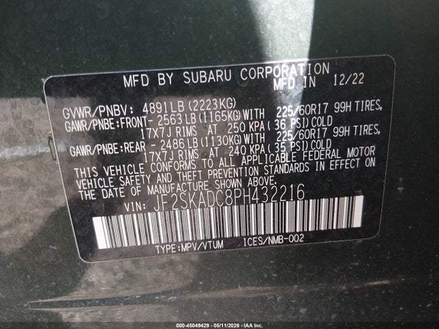 Aukcja sprzedaży 2023 Subaru Forester Premium, vin: JF2SKADC8PH432216, numer aukcji: 45049429