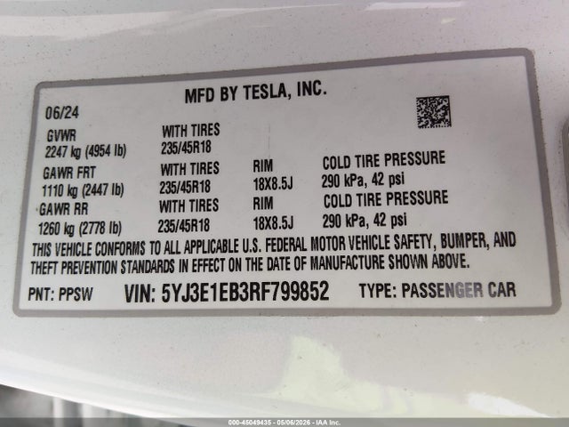 Aukcja sprzedaży 2024 Tesla Model 3 Long Range Dual Motor All-wheel Drive, vin: 5YJ3E1EB3RF799852, numer aukcji: 45049435