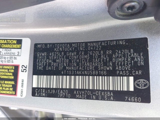 45049441 :رقم المزاد ، 4T1S31AK4NU589166 vin ، 2022 Toyota Camry Se Hybrid مزاد بيع