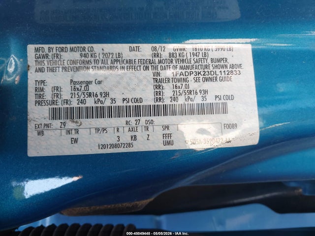 2013 Ford Focus Se მანქანა იყიდება აუქციონზე, vin: 1FADP3K23DL112833, აუქციონის ნომერი: 45049448