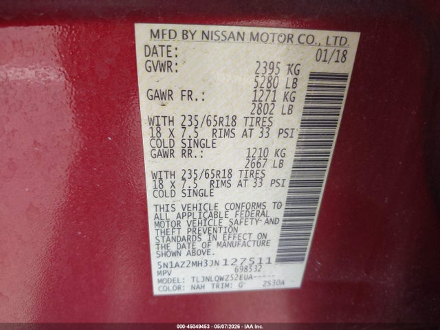 Aukcja sprzedaży 2018 Nissan Murano Sv, vin: 5N1AZ2MH3JN127511, numer aukcji: 45049453