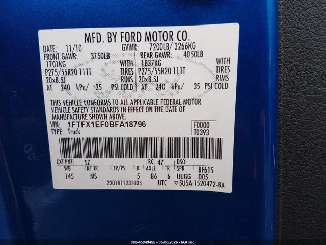 Aukcja sprzedaży 2011 Ford F-150 Xlt, vin: 1FTFX1EF0BFA18796, numer aukcji: 45049455
