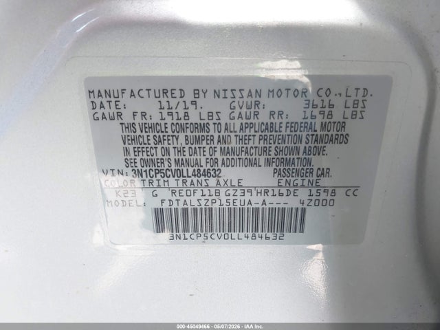 Aukcja sprzedaży 2020 Nissan Kicks Sv Xtronic Cvt, vin: 3N1CP5CV0LL484632, numer aukcji: 45049466